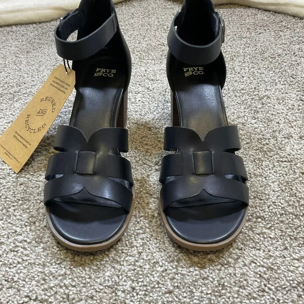 New Frye & Co Womens Hollins‎ Heeled Sandals Black Size 10 Open Toe Ankle Strap